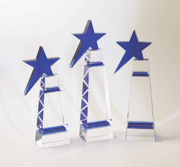 elegant blue star tower award, crystal clear glass pillar with blue star on top customizable with texts and logos
